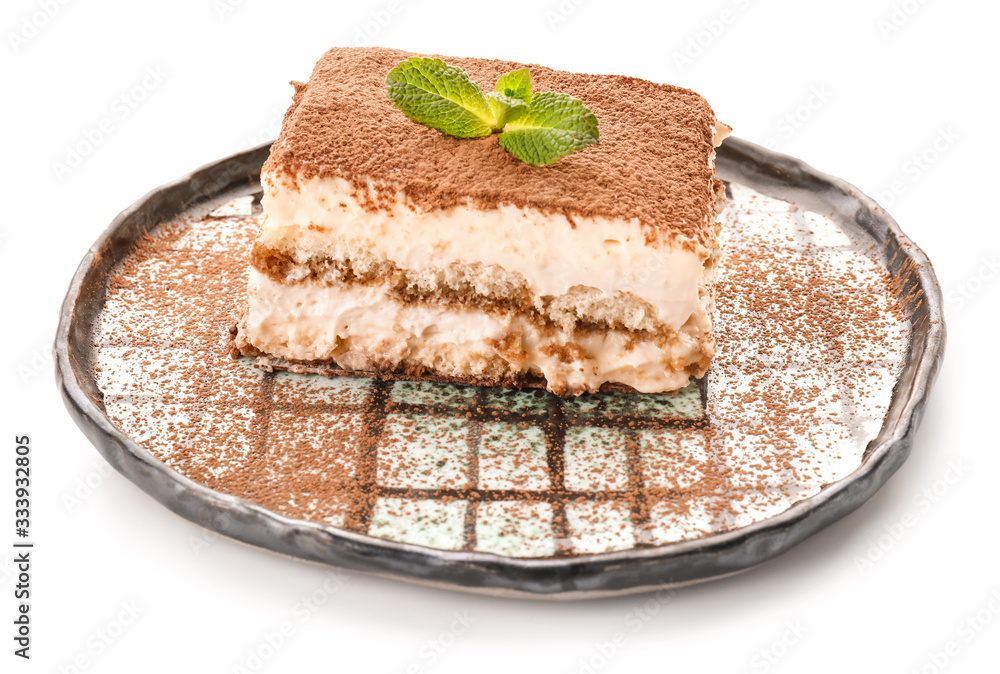 Plate with tasty tiramisu on white background Plate with tasty tiramisu on white background