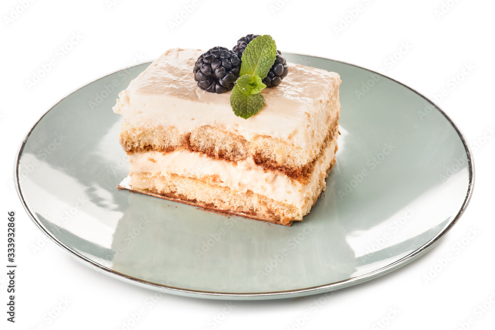 Plate with tasty tiramisu on white background Plate with tasty tiramisu on white background