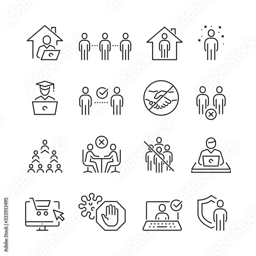 Social distancing related icons: thin vector icon set, black and white kit