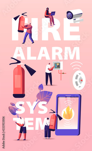 Fire Alarm Safety System Concept. Characters Get Notification from Smartphone of Accident. People with Extinguisher, Electrician Examine Working Draft Poster Banner Flyer. Cartoon Vector Illustration