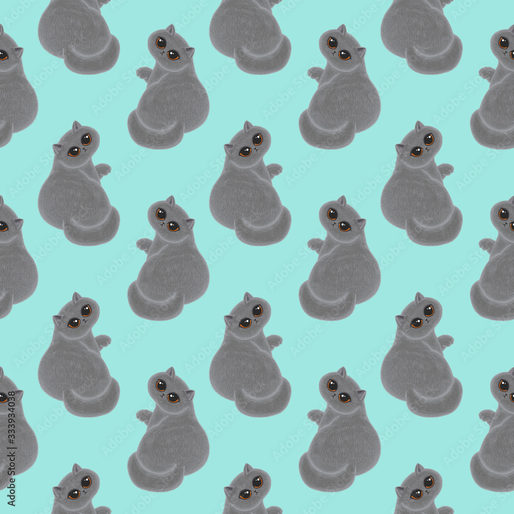 Naklejka Seamless pattern with cute gray fluffy british cat with big orange eyes and soft fur on turquoise background for sweet kid's design, wrapping paper, textile, notebook cover