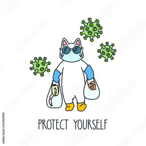 Protect yourself. Illustration of a walking cat wearing protective medical mask for prevent virus. COVID-19 prevention. Vector 8 EPS.