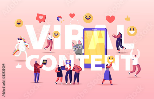 Viral Content Concept. Tiny Characters at Huge Mobile with Funny Unicorn and Cat. Social Media Blogging, Movie Streaming, Online Network Likes Poster Banner Flyer Cartoon People Vector Illustration