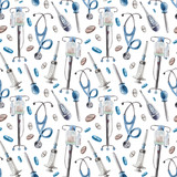 Watercolor seamless pattern of medical supplies used to help and treat patients. Suitable for healthcare related products. Includes: pills, syringe, thermometer, stethoscope, dropper, pipette. 