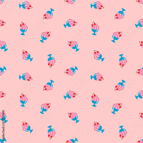  Dessert pattern. Illustration of creamy desserts with cherry drawn in flat style on a pink background. Vector 8 EPS.
