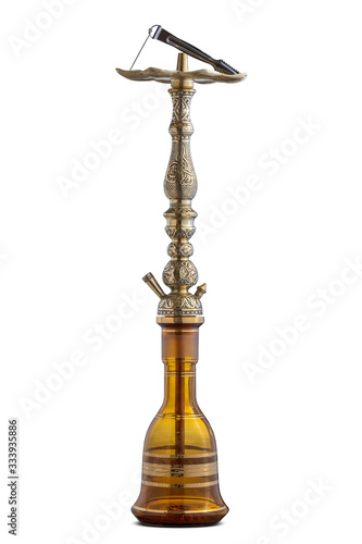 Set of water pipe or hookah, isolated on white clear background. Handcrafted traditional and engraved parts of shisha, golden pattern