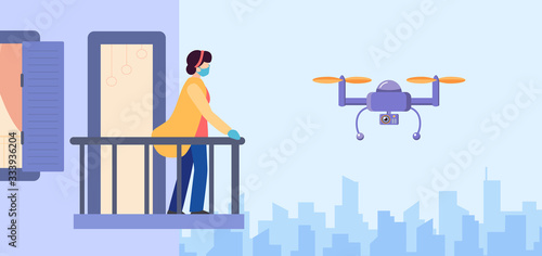 A pandemic drone checks, controls quarantine and self-isolation of girl in medical mask and gloves on the balcony of a tall building against the backdrop of cityscape with copy space for text