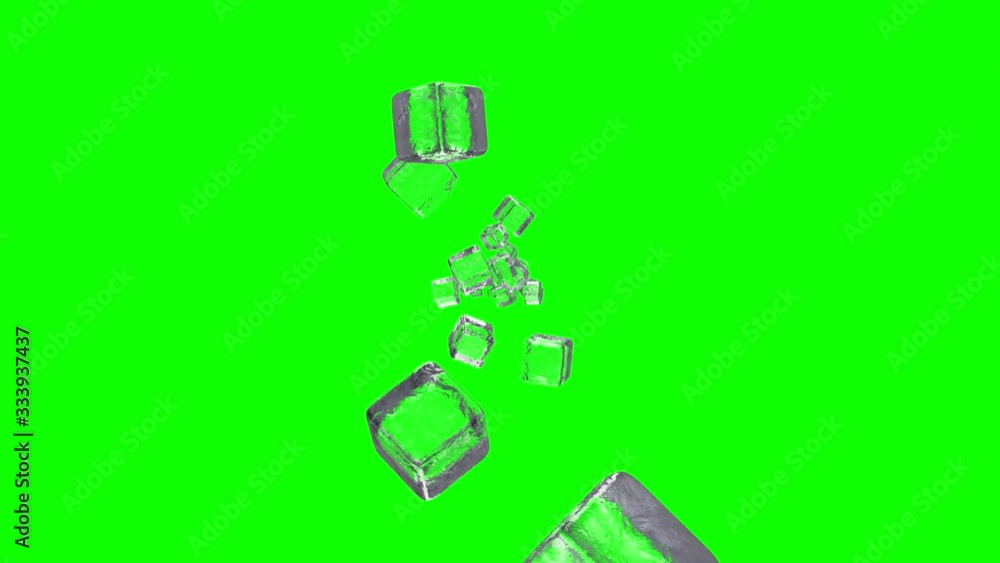 Ice cubes pieces flying towards, 3D animation on green background. Version with green screen chroma key. Ice cubes pieces flying towards, 3D animation on green background. Version with green screen chroma key.