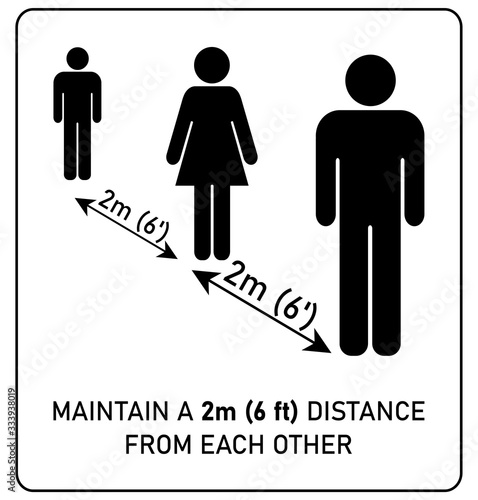 Social distancing sign. Simple man and woman silhouettes standing in queue 2m (6 feet) apart. Coronavirus covid-19 outbreak prevention info