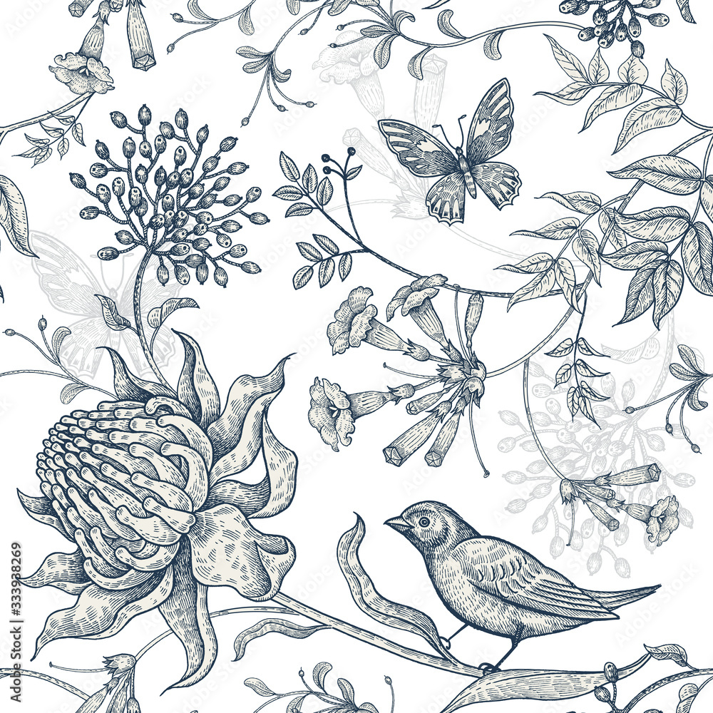 Fototapeta Exotic flowers, butterflies and birds. Seamless vector floral pattern in vintage style luxury fabrics. Illustration for textile, paper, clothing, case phone, cover. Black and white background.