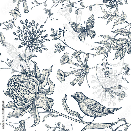 Exotic flowers, butterflies and birds. Seamless vector floral pattern in vintage style luxury fabrics. Illustration for textile, paper, clothing, case phone, cover. Black and white background.