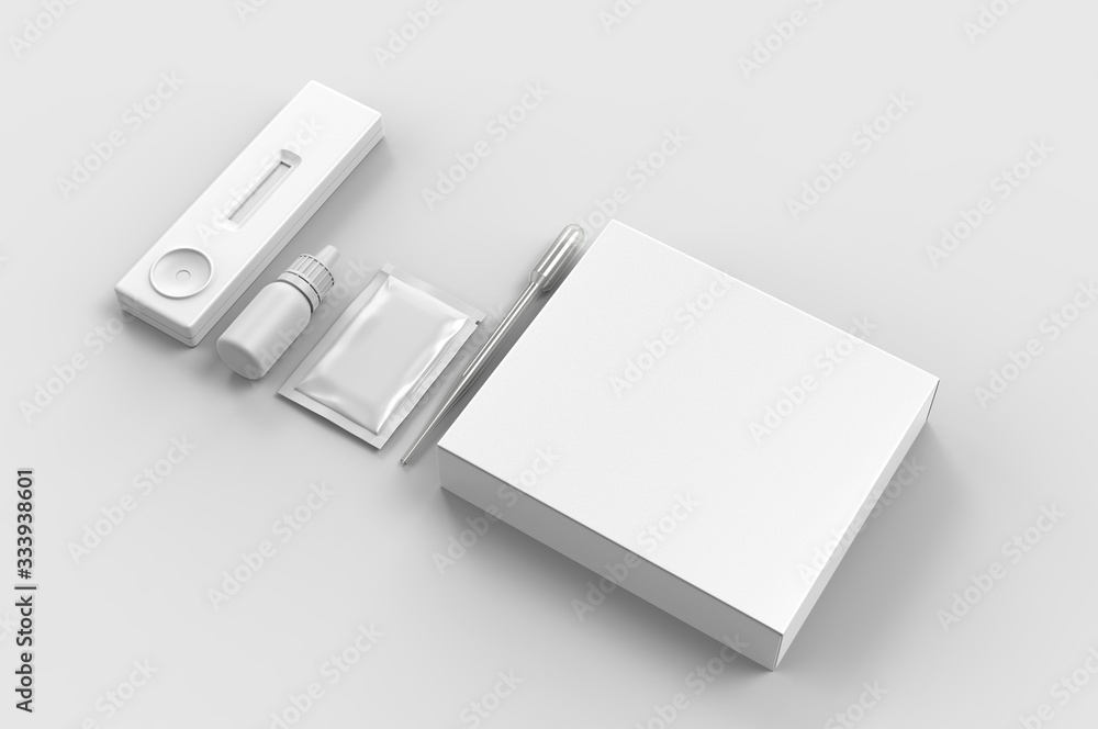 Blank rapid home self test kit packaging for branding, 3d render illustration. Blank rapid home self test kit packaging for branding, 3d render illustration.