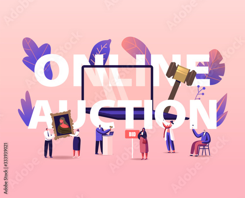 Online Auction Concept. People Buying Assets in Internet. Tiny Male and Female Characters around of Huge Laptop, Gavel Holding and Rising Bid Boards Poster Banner Flyer. Cartoon Vector Illustration