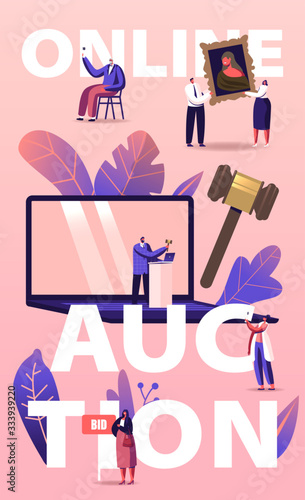 Online Auction Concept. People Buying Assets in Internet. Tiny Male and Female Characters around of Huge Laptop, Gavel Holding and Rising Bid Boards Poster Banner Flyer. Cartoon Vector Illustration