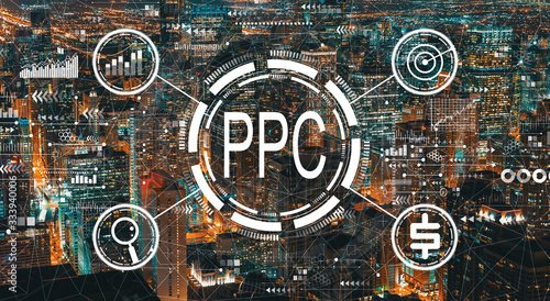 PPC - Pay per click concept with downtown Chicago cityscape skyscrapers