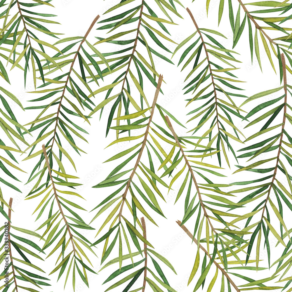 seamless pattern, watercolor illustration, background with spruce branches, wallpaper ornament, wrapping paper