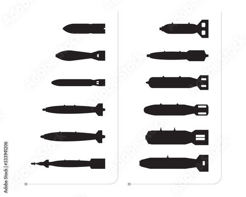 The set of black silhouettes of aerial bombs is isolated on a white background. The set has different forms and sizes. Vector, eps 10.