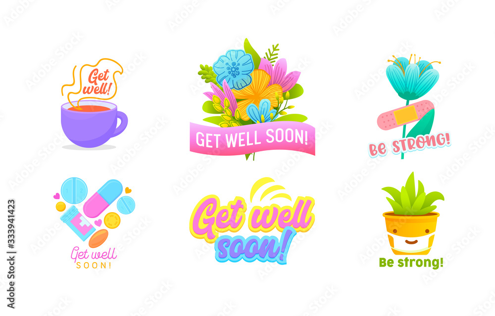 Get Well Soon and Be Strong Icons or Banners Set Isolated on White Background. Cute Potted Plant in Medical Mask, Cup with Hot Drink, Medicine Drugs, Flowers. Cartoon Vector Illustration, Clip Art