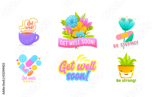Get Well Soon and Be Strong Icons or Banners Set Isolated on White Background. Cute Potted Plant in Medical Mask, Cup with Hot Drink, Medicine Drugs, Flowers. Cartoon Vector Illustration, Clip Art