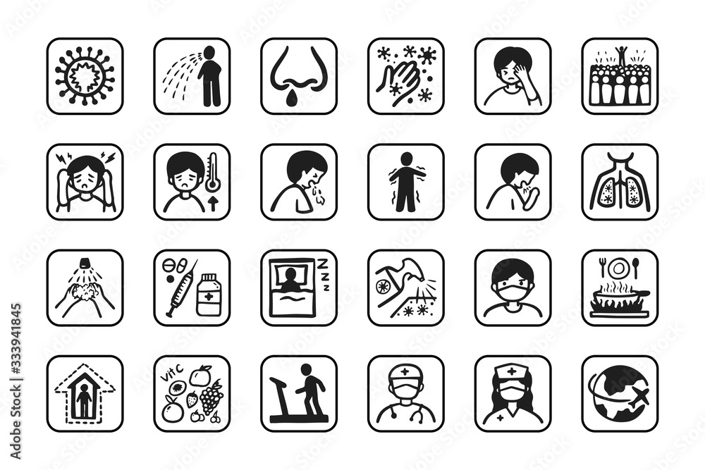 Corona Virue, Covid-19 Icon Set. Pandemic Deadly Plague, Hand Drawn Icons Corona Virue, Covid-19 Icon Set. Pandemic Deadly Plague, Hand Drawn Icons