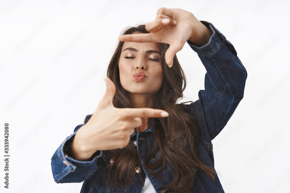 Dreamy and carefree, feminine lovely brunette female close eyes, folding lips in air kiss, making frame gesture, searching perfect angle, creating masterpiece, good shot, white background Dreamy and carefree, feminine lovely brunette female close eyes, folding lips in air kiss, making frame gesture, searching perfect angle, creating masterpiece, good shot, white background