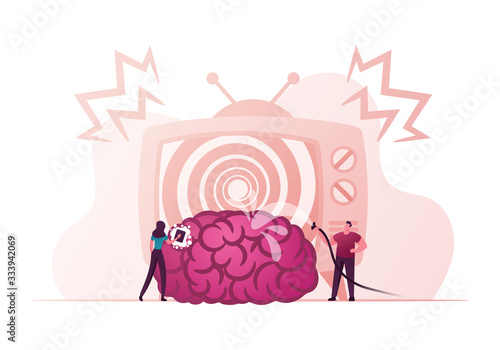 People Characters with Hose and Brush Washing Huge Human Brain on Television Screen. Brainwashing and Mass Media Propaganda and Manipulation Concept. False Information. Cartoon Vector Illustration