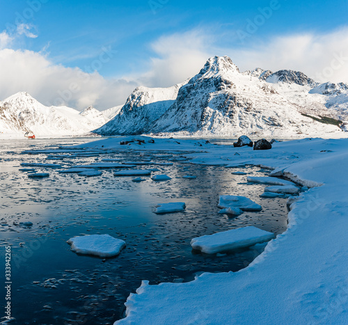Winter landscape of dramatic mountain scenery of Lofoten, Norway
