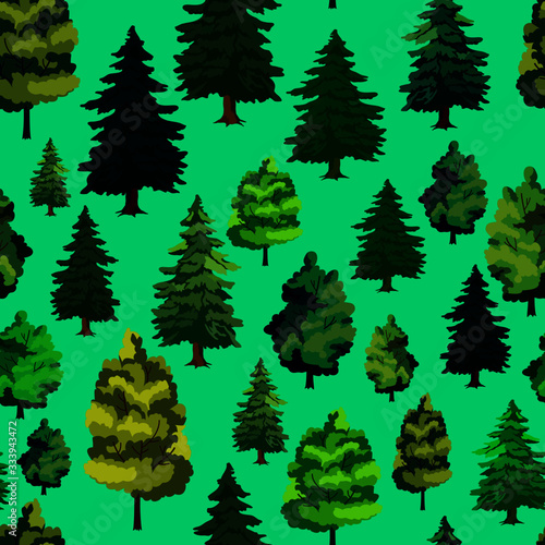 seamless pattern in green, vector illustration of forest, coniferous and deciduous trees, wallpaper ornament, wrapping paper, background for design