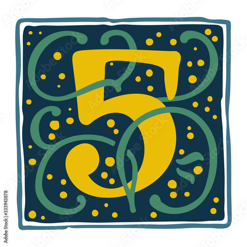 Number five renaissance logo with gold dots and green leaves pattern.