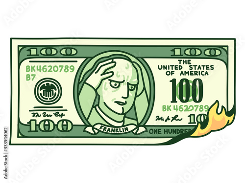 Cartoon dollar bill on fire