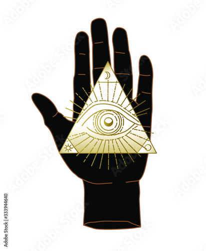 The Hand of the Philosopher, Palm with The Eye of Providence. Vector illustration for tattoo design or fashion print in simple line art style.