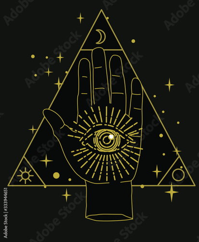 The Hand of the Philosopher, Palm with The Eye of Providence. Vector illustration for tattoo design or fashion print in simple line art style.