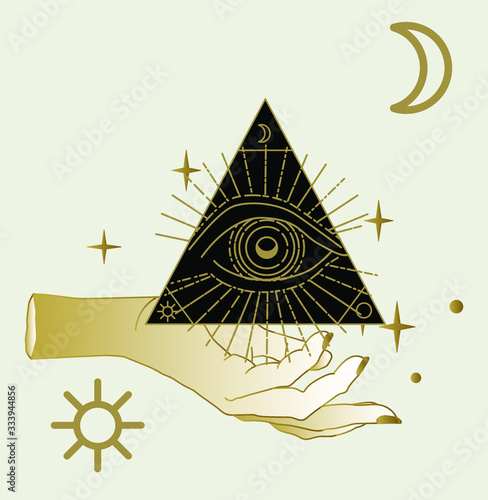 The Hand of the Philosopher, Palm with The Eye of Providence. Vector illustration for tattoo design or fashion print in simple line art style.