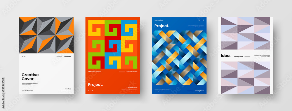 Business presentation vector A4 vertical orientation front page mock up set. Corporate report cover abstract geometric illustration design layout bundle. Company identity brochure template collection. Business presentation vector A4 vertical orientation front page mock up set. Corporate report cover abstract geometric illustration design layout bundle. Company identity brochure template collection.