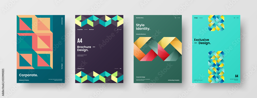 Business presentation vector A4 vertical orientation front page mock up set. Corporate report cover abstract geometric illustration design layout bundle. Company identity brochure template collection. Business presentation vector A4 vertical orientation front page mock up set. Corporate report cover abstract geometric illustration design layout bundle. Company identity brochure template collection.