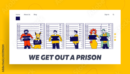 Identification Photo Landing Page Template. Characters Criminal Mugshot Front, Side View on Measuring Scale Background in Police Station. Arrested People and Dog with Board. Linear Vector Illustration