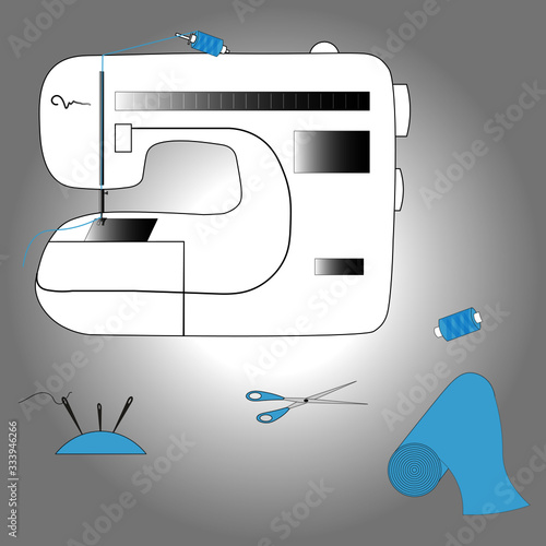 Sewing machine is ready to sew. Necessary materials and tools are nearby.