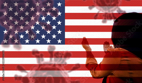 double exposure image, asian women praying for protection from corona virus on the american flag background 