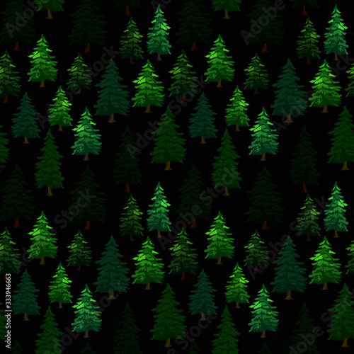 seamless pattern in green, vector illustration of forest, coniferous and deciduous trees, wallpaper ornament, wrapping paper, background for design