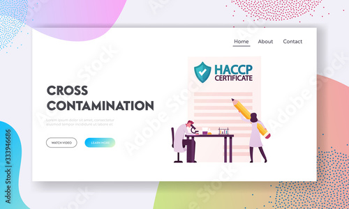 Haccp Standard and Certification Landing Page Template. Tiny Characters with Microscope. Hazard Analysis and Critical Control Point. Quality Rules for Food Industry. Cartoon People Vector Illustration