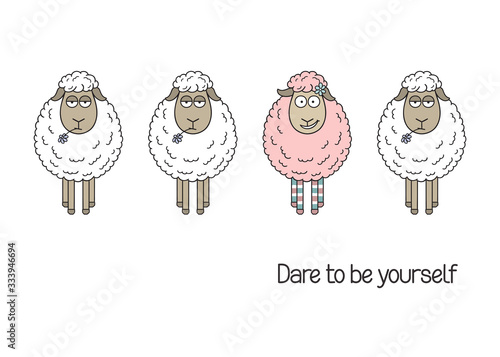Cute and funny pink sheep among white dull ones. Dare to be yourself lettering. Being different, Being yourself, Standing out from crowd concept