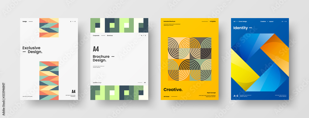 Business presentation vector A4 vertical orientation front page mock up set. Corporate report cover abstract geometric illustration design layout bundle. Company identity brochure template collection. Business presentation vector A4 vertical orientation front page mock up set. Corporate report cover abstract geometric illustration design layout bundle. Company identity brochure template collection.