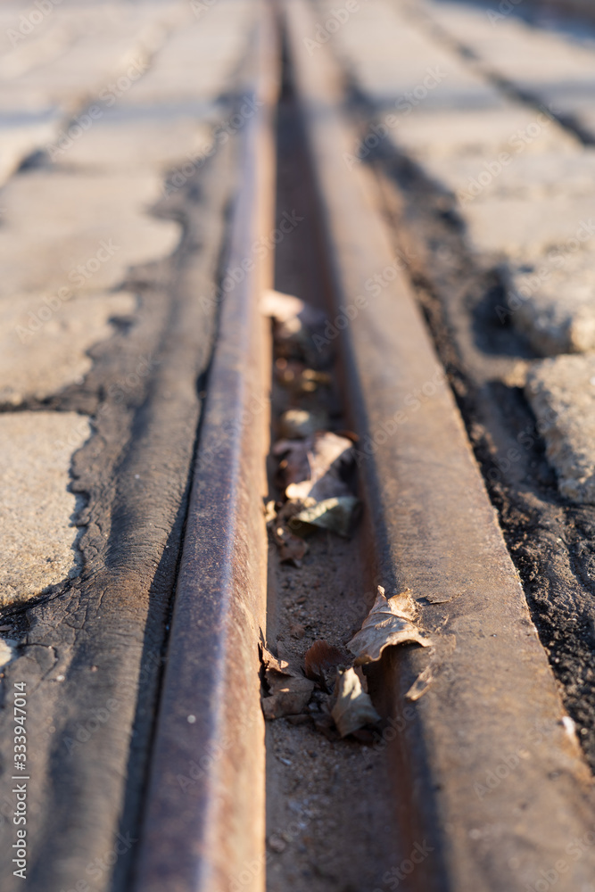 A rusty metal rail on the road