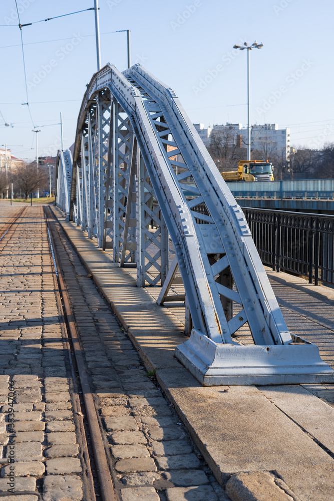Fototapeta premium Railway blue bridge over the river