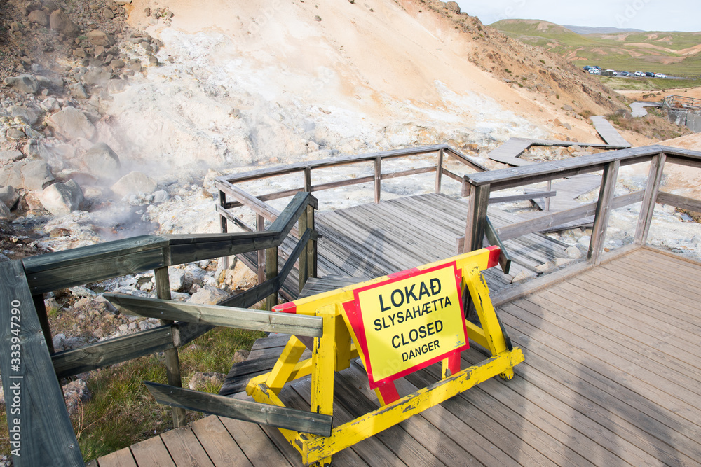 Damaged and closed platforms in Seltun Geothermal area in Iceland