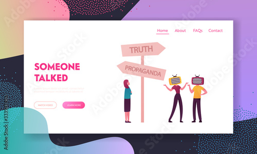 Brainwashing Mass Media Manipulation, False Information Landing Page Template. Female Characters with Tv Heads Stand on Roadsign with Truth and Propaganda Pointers. Cartoon People Vector Illustration