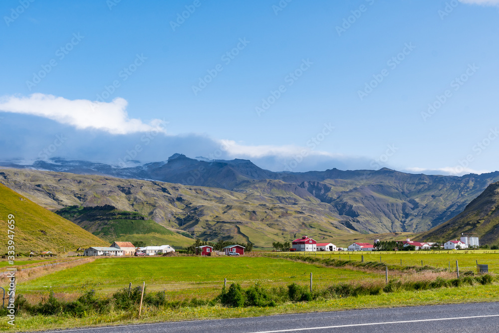 Farm Thorvaldseyri in south Iceland with Mountain Eyjafjallajokull in Iceland