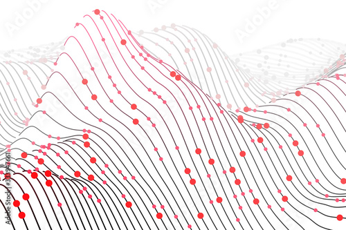 Digital chart with lines and circles on white background. Sound waves abstract visualization. Concept of big data analysis and information technology. Vector illustration of wireframes sound waves .