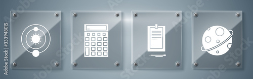 Set Planet, Clipboard with document, Calculator and Solar system. Square glass panels. Vector