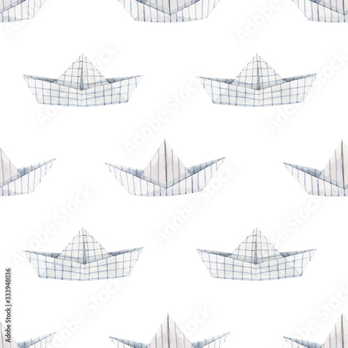 Beautiful vector seamless pattern with watercolor paper boats. Stock illustration.